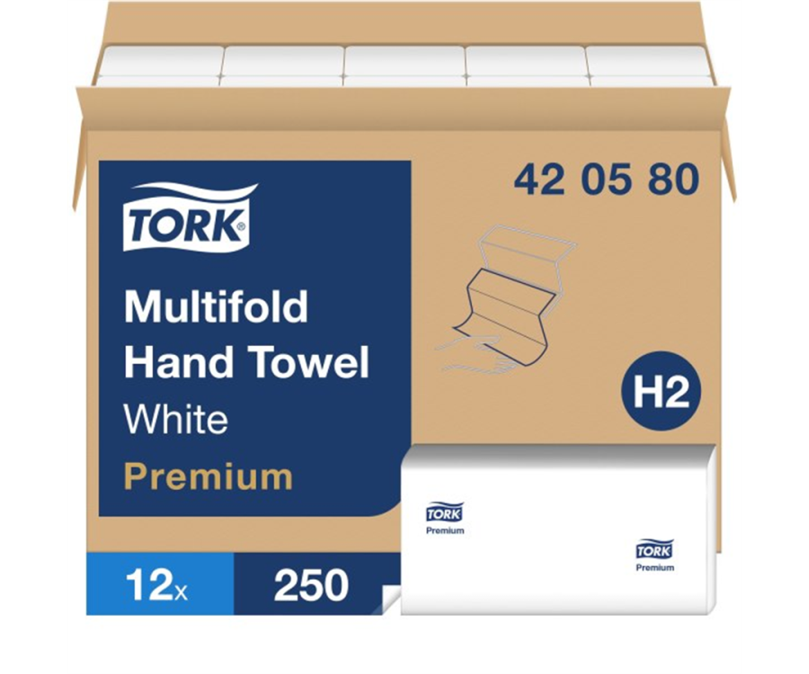 A cardboard box containing white multifold hand towels with a stack of towels shown outside the box. Tork H2 White Multifold Hand Towel (9 in. x 9.5 in., 250 Towels/Pack, 3000 Towels/Case)